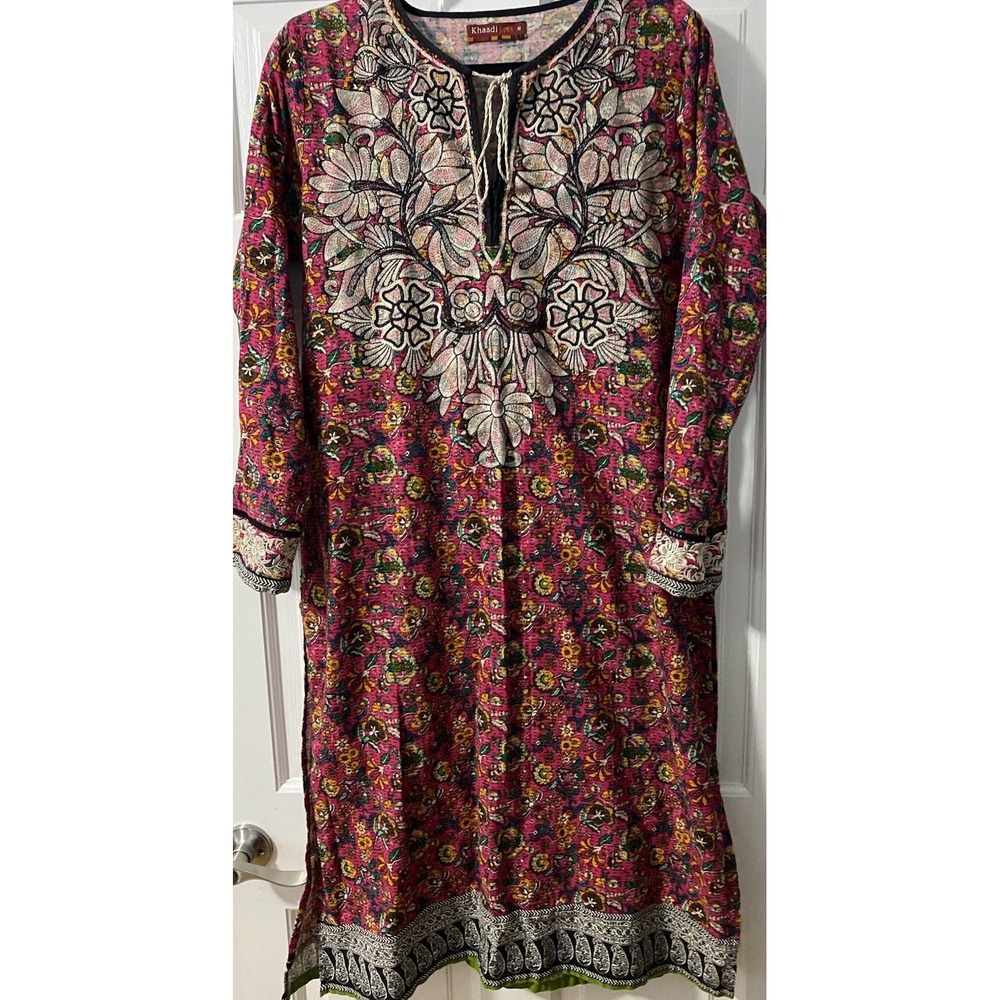 Khaadi Pret Tunic Top Dress SZ 16 Pink Floral Yellow Blak Embroidery 100% Cotton